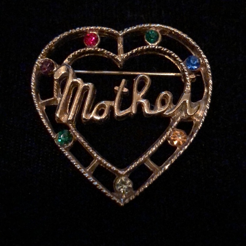 ✅ Mother Heart with Gemstones Gold Brooch Pin